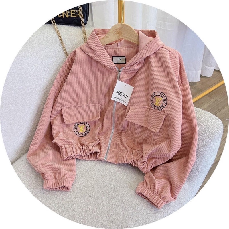 Áo khoác lửng croptop kaki nhung gân thêu có nón unisex ulzzang nam nữ