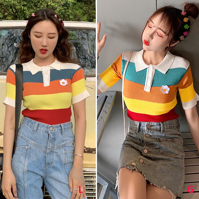 Áo thun polo nữ sọc ngang phối màu tương phản | BigBuy360 - bigbuy360.vn