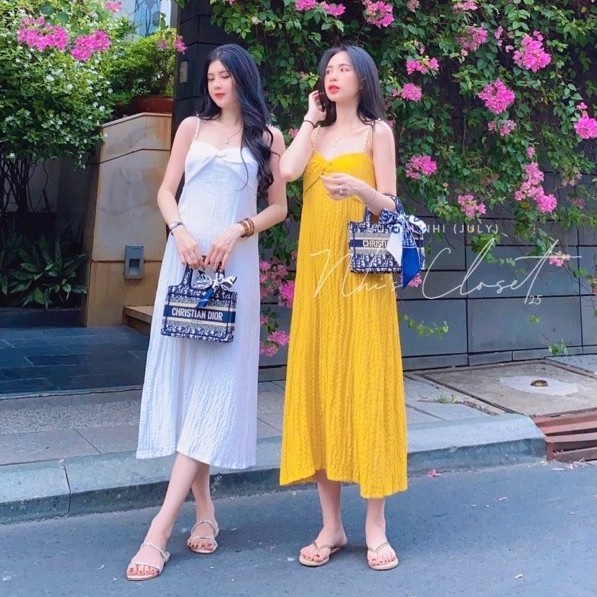 Đầm maxi duông 2 dây đính hạt xoắn ngực (Clip + Ảnh chụp thật)