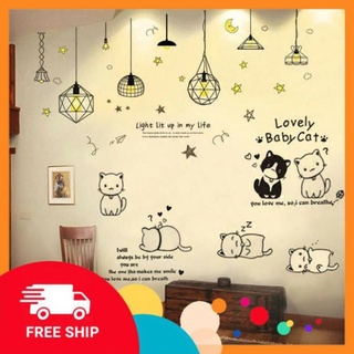Decal dán tường mèo xinh và dây đèn dây hoa - Decal trang trí