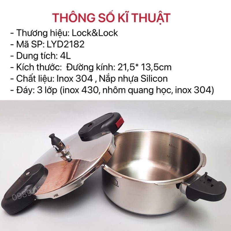 - Nồi áp suất bếp từ - Lock&Lock - inox 304 cao cấp - dung tích 4L -dày dặn, siêu bền