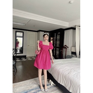 Đầm babydoll thắt nơ sau lưng cổ vuông tay bồng dáng xoè freesize