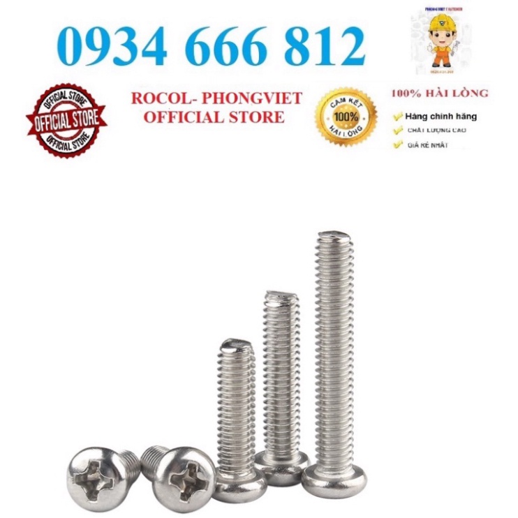 Combo 50c Vít pake đầu tròn thân bulong inox304 M4X8, M4X10, M4X12, M4X16, M4X20