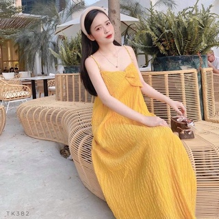 Đầm maxi xốp 2 dây xoắn ngực dây ngọc
