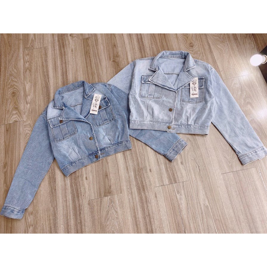 Áo Khoác Bò Jeans Lửng Croptop Nữ Cao Cấp Cổ Vest Túi Hộp Đậm Chất Thời Trang - Hàng có sẵn