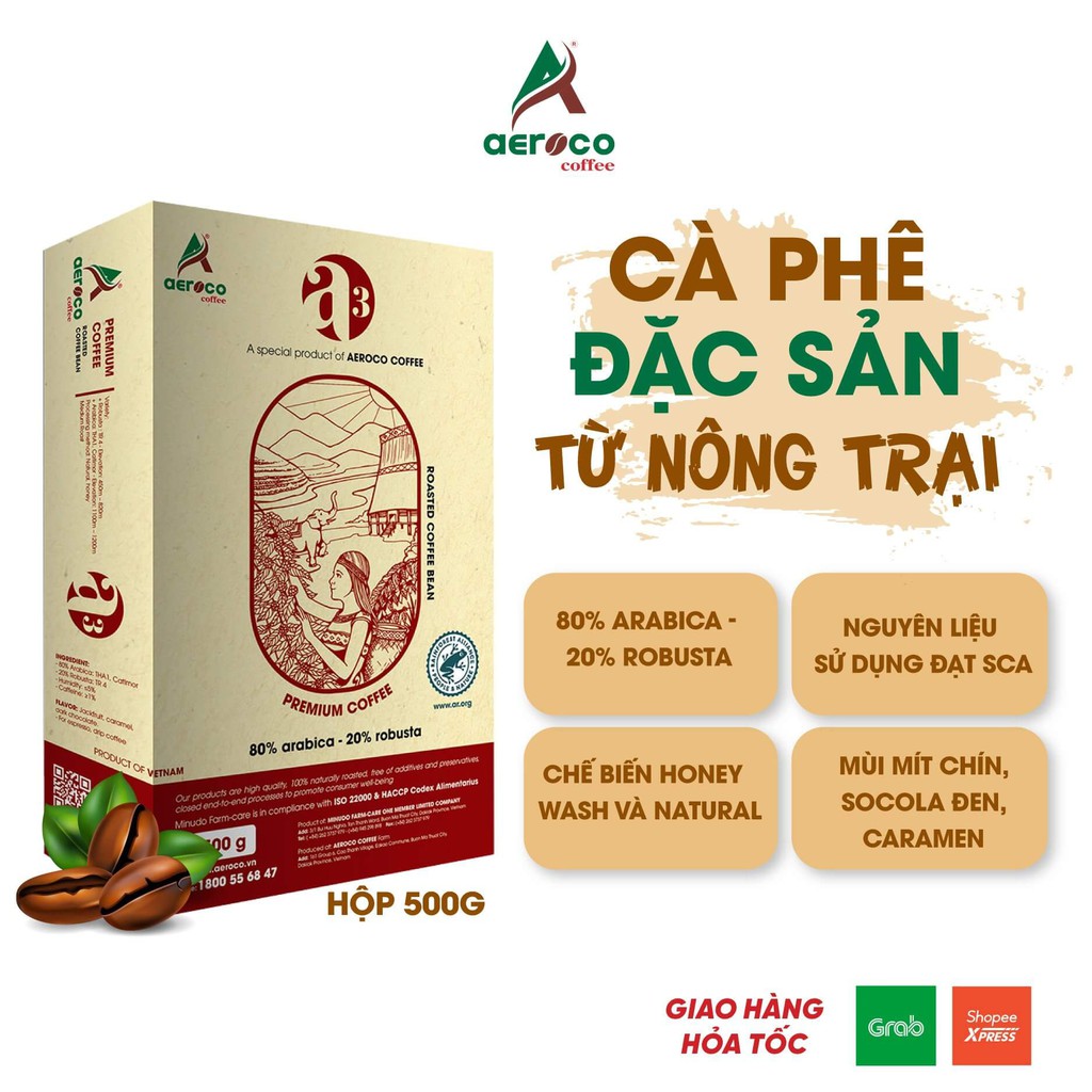 VoucherXtra5%_Hộp 500g Cà phê đặc sản hạt rang A3 AEROCO COFFEE nguyên chất 100%, vị đắng chua,pha máy và pha phin