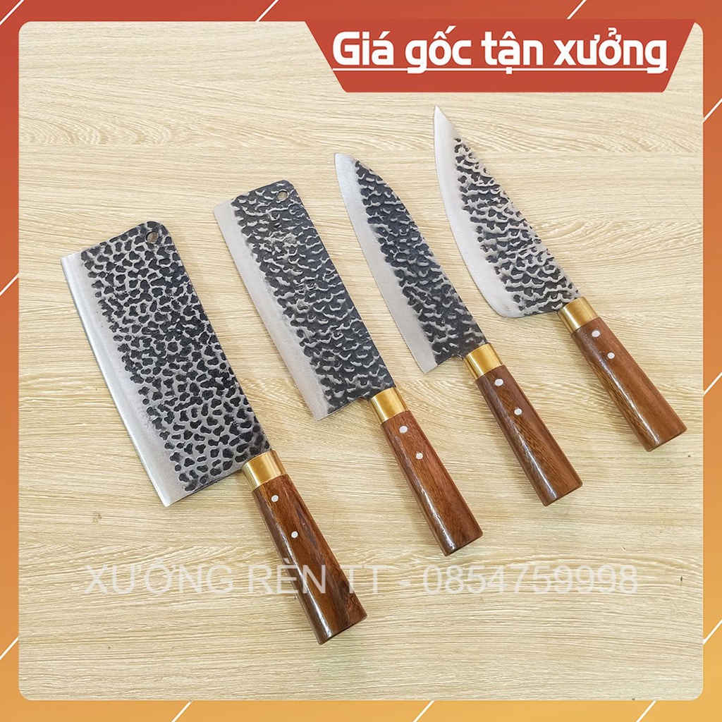 Bộ 4 Dao Nhà Bếp Rèn Từ Thép Nhíp Dập Vân 2 Mặt Cao Cấp - Cán Cẩm Chỉ Khâu Đồng