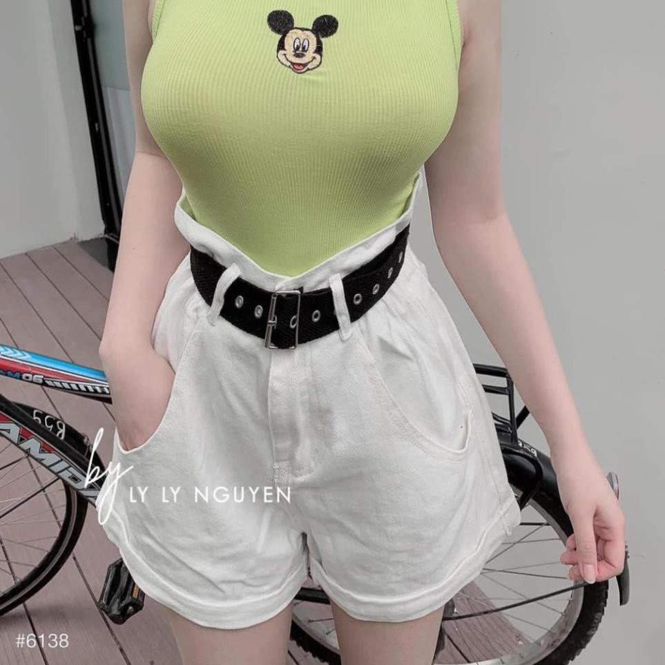 Áo Ba Lỗ Thêu Chuột Mickey Nữ 🌸 Phông thun tăm gân body dáng ôm croptop dài 2 dây bản to màu đen trắ