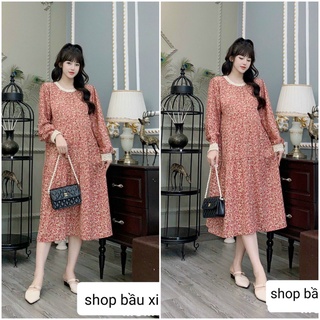 Váy bầu hoa nhí dài tay phối ren