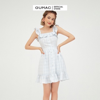 Đầm xòe nữ sát nách phối bèo GUMAC màu xanh sọc caro DB567