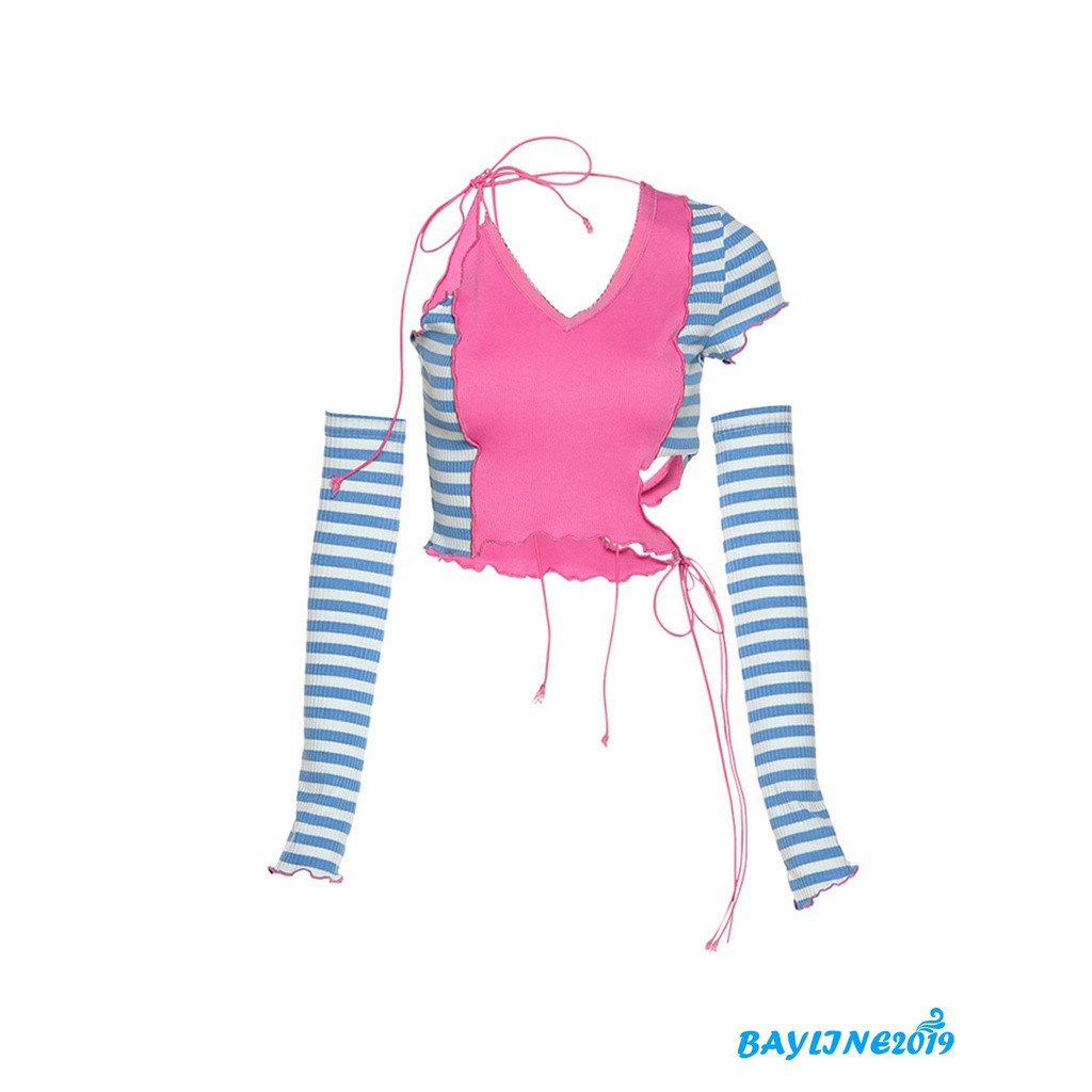 Áo Croptop Dệt Kim Tay Ngắn Cổ Chữ V Màu Sắc Thời Trang Cho Nữ