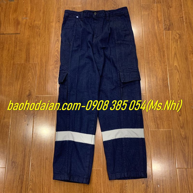 Quần jean điện lực may kèm phản quang poly xám- Hình thật