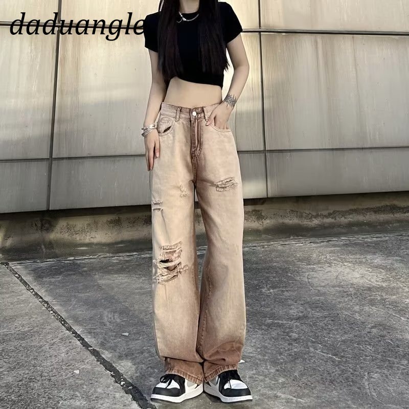 Quần dài Daduhey màu nâu sáng ống rộng lưng cao phối rách thời trang retro cao cấp cho nữ