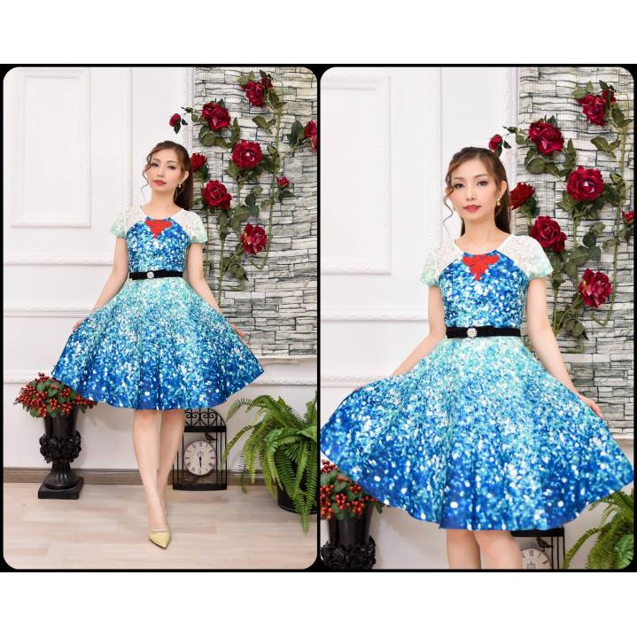 Đầm Taffa xòe in 3D màu đá xanh phối ren