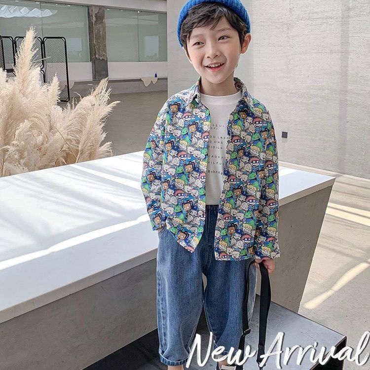 Áo sơ mi họa tiết hoạt hình phong cách hàn quốc cho bé trai