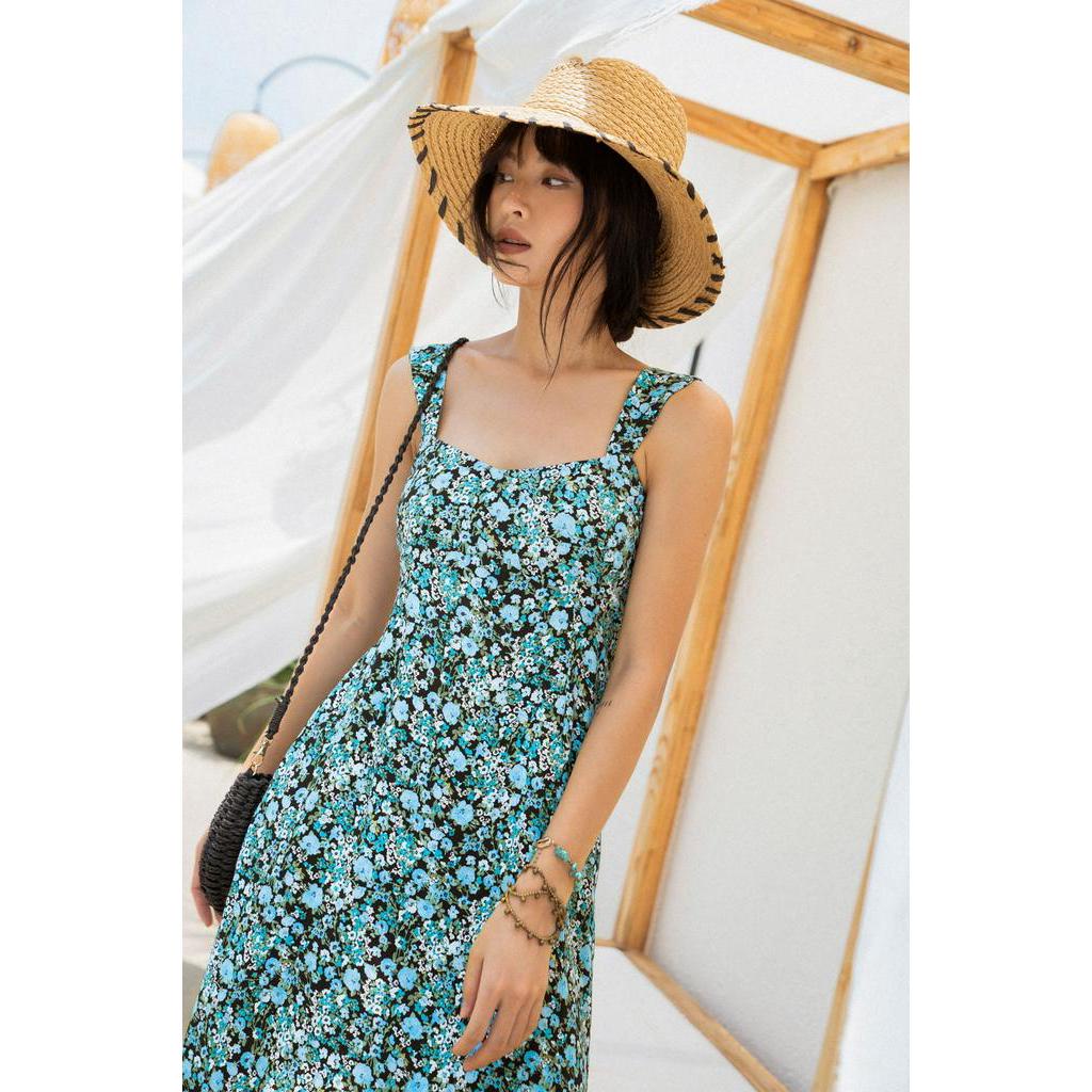 Đầm mini hai dây nữ YV LE &amp; CO vải viscose màu xanh phong cách