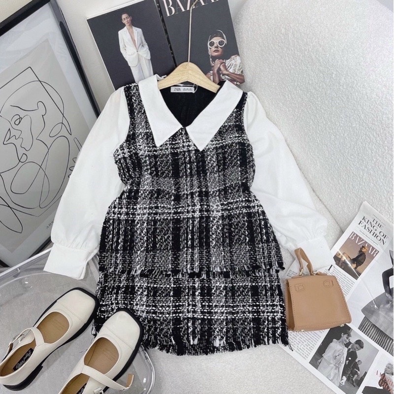 [ 𝐅𝐑𝐄𝐄 𝐒𝐇𝐈𝐏 ] SÉT DẠ CARO ĐAN CỔ SEN TAY TRẮNG CHÂN VÁY CHỮ A CHẤT DẠ MỀM ĐANH TAY Ạ