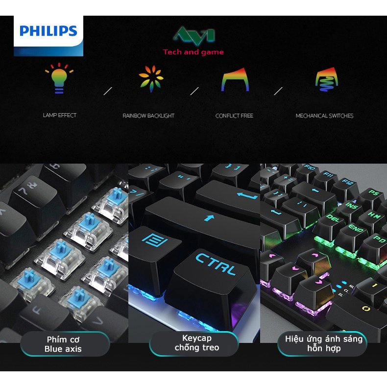 Bàn phím cơ Gaming PHILIPS SPK8401 chính hãng Bàn phím máy tính cơ dành cho game thủ - Bảo hành 12 tháng