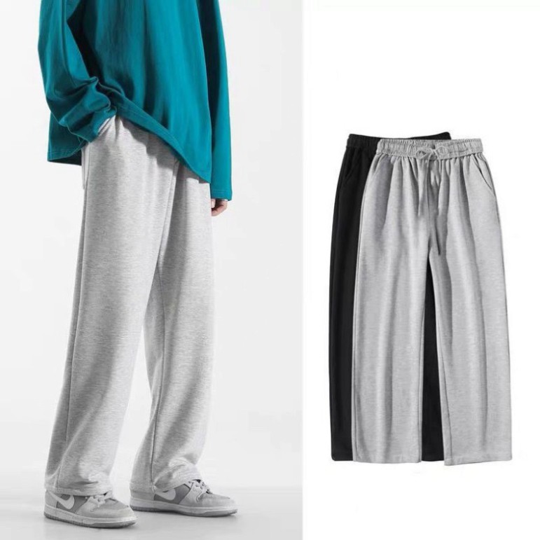 Quần dài ống rộng trơn basic - Quần trơn 2 màu ĐEN XÁM - Ống suông vải cotton mịn dày co dãn | BigBuy360 - bigbuy360.vn