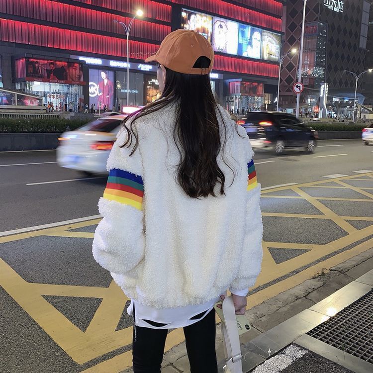 Jiashucheng Áo Khoác Len Lông Cừu Dày Dáng Rộng Màu Cầu Vồng Phong Cách Hàn Quốc Mới