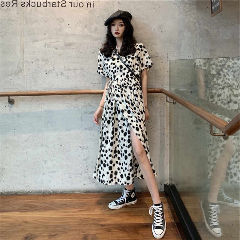 NRVP Đầm dáng chữ A dài vừa lưng cao tay ngắn họa tiết chấm bi thời trang 2020