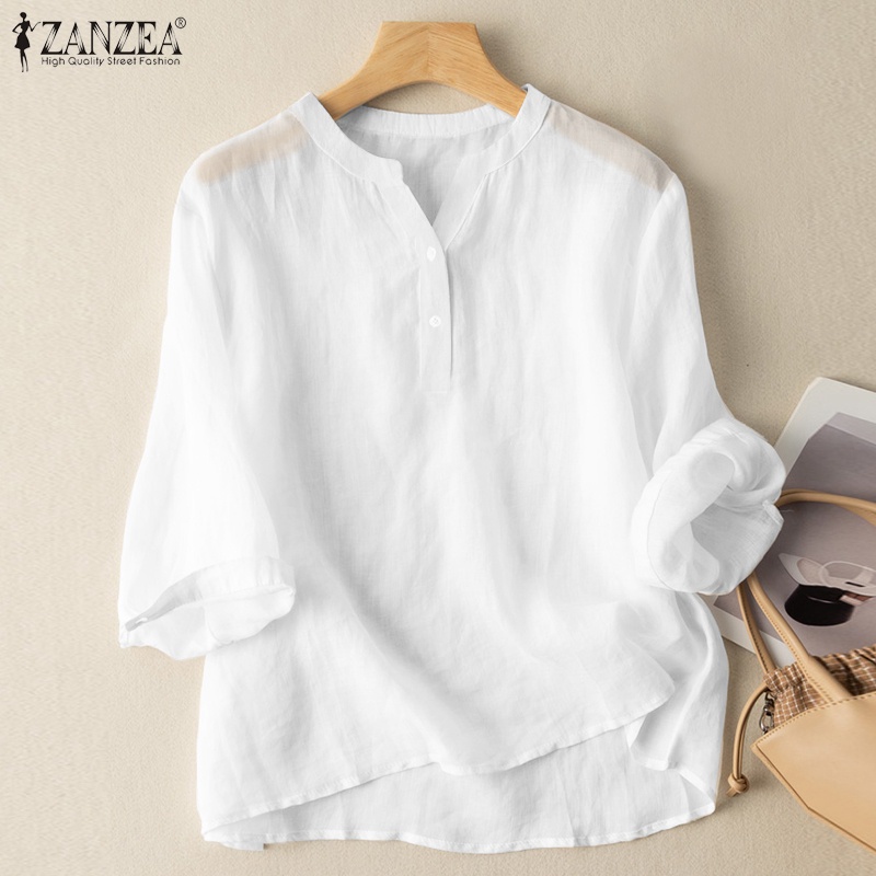 Zanzea Áo Sơ Mi Cotton Cổ Chữ V Màu Trơn Dáng Rộng Thời Trang Cho Nữ