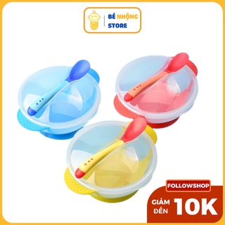 Bát ăn dặm chống đổ kèm thìa báo nóng 🎁FREESHIP🎁 Bát ăn cho bé