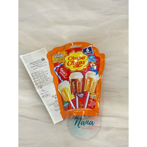 Kẹo mút Chupa Chups Fizzy Drinks 3 vị Cola, Orange & Tropical bịch 90g (6 cây kẹo) - bill ✈️ từ Úc