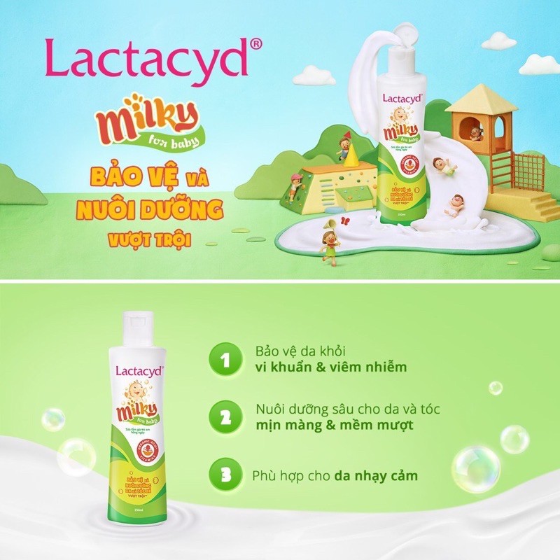 Sữa tắm gội cho bé lactacyd milky 250ml (Lactacid xanh lá)