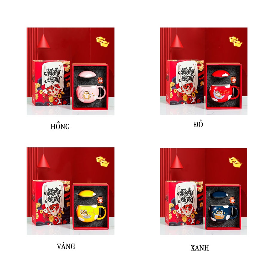 Cốc sứ ly sứ Hổ 2022 400ML có nắp, thìa tặng kèm hộp đáng yêu làm quà tặng, trang trí, đựng cafe,nước,trà-Ráp