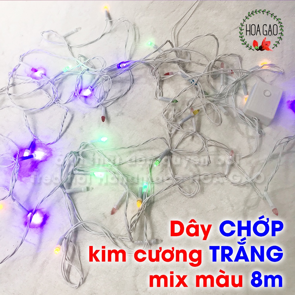 Dây đèn led trang trí sinh nhật noel Tết CHỚP đủ màu 8m 5m  décor HOA GẠO RV2 4 chế độ chớp đầu kim cương nhọn
