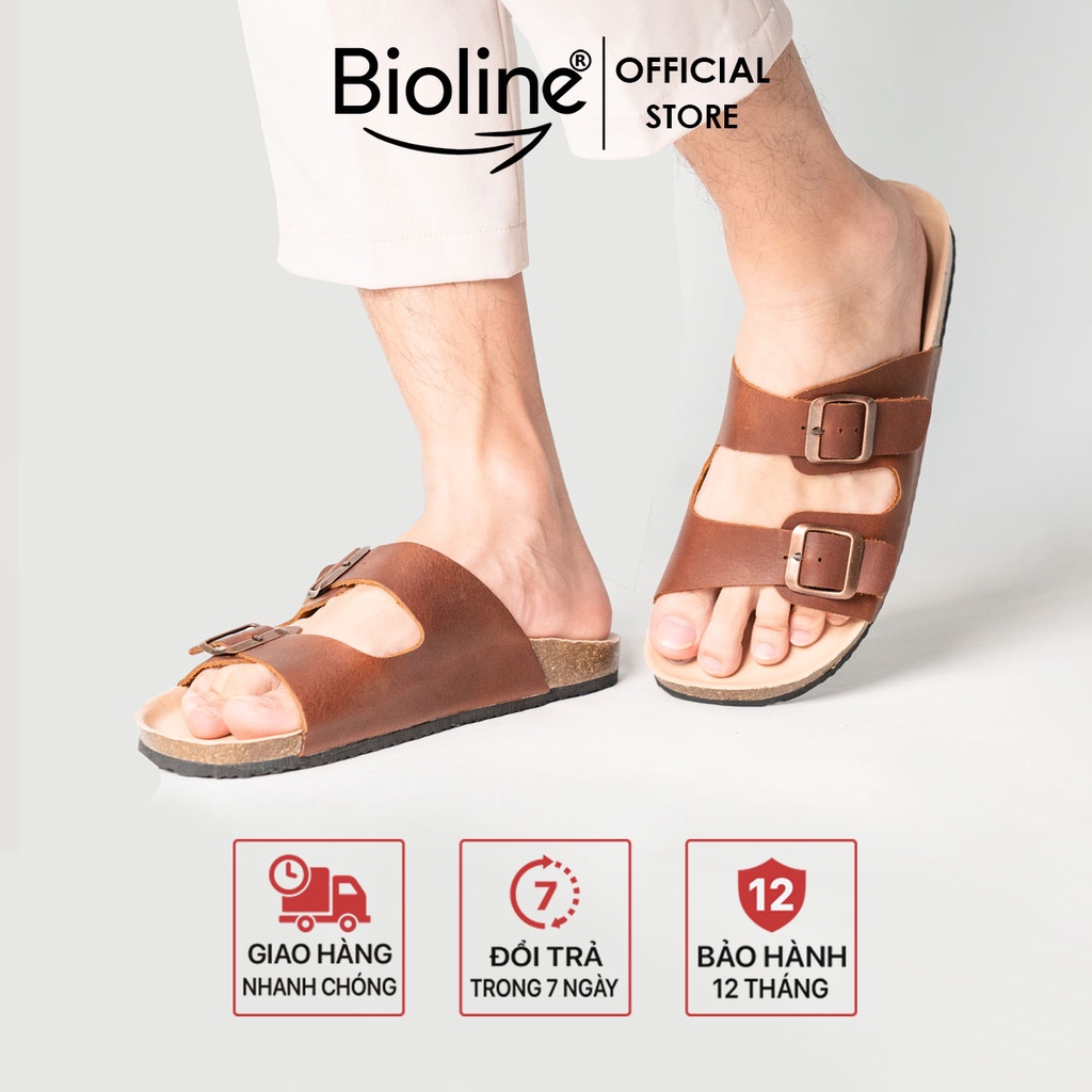 DA BÒ THẬT Dép Đế Trấu Da Bò, Dép birken quai ngang Sandal Birken dép trấu unisex chính hãng Bioline mã D01