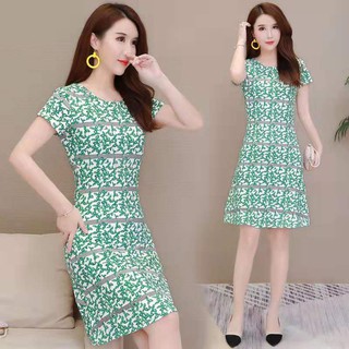 (PE031)Đầm dáng suông họa tiết lạ cổ tròn tay ngắn