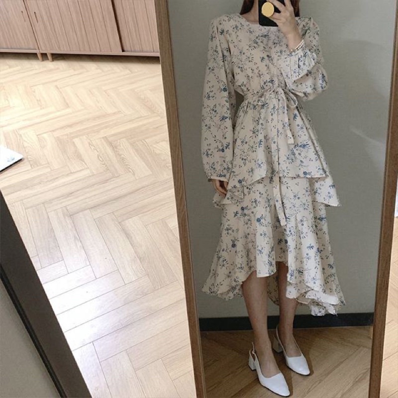 Váy hoa nhí dáng dài phong cách Hàn Quốc