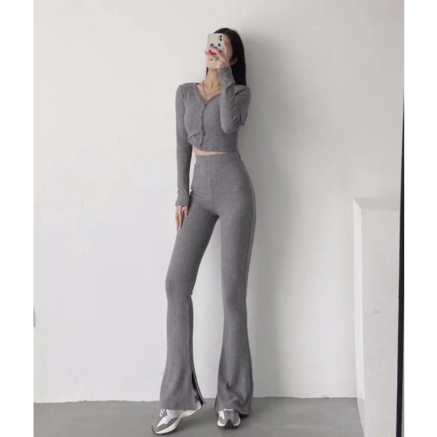 Chân Siêu Dài Hot Girl Quần Dài Gợi Cảm Quần Micro-Flared Thiết Kế Quần Slit loe Ôm Hơn Nhìn Kaki Quần Thường Ngày Quần Dệt Kim Quần Dài Tầng Drape Sàn-