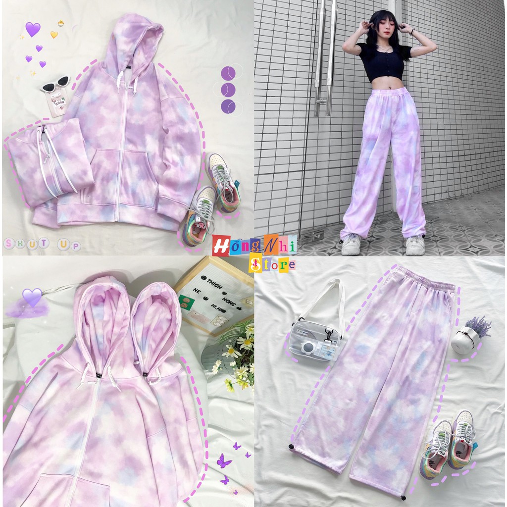 Set Bộ 3D Áo Khoác Hoodie Zip Loang Màu Kèm Quần Jogger Thun Dài Dây Rút Cao Cấp