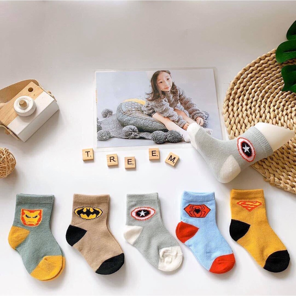 Set 5 Đôi Tất Vớ Cổ Cao Siêu Anh Hùng, Siêu Nhân, Hình Thú Cho Bé - Tất Vớ Trẻ Em Siêu Cute