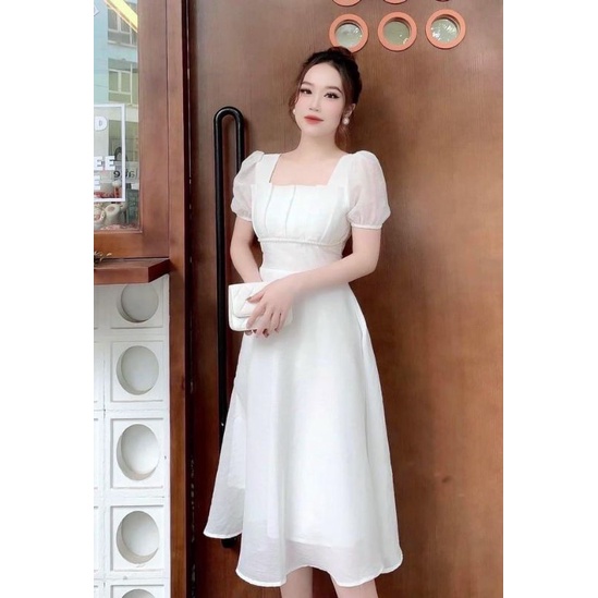 Đầm dự tiệc cổ vuông trắng tay phồng xếp li ngực Kenny Dress