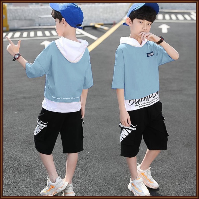 Set Đồ 2 Món Gồm Áo Thun Cotton Tay Cộc Có Mũ Trùm In Chữ + Quần Short Thời Trang Cho Bé Trai
