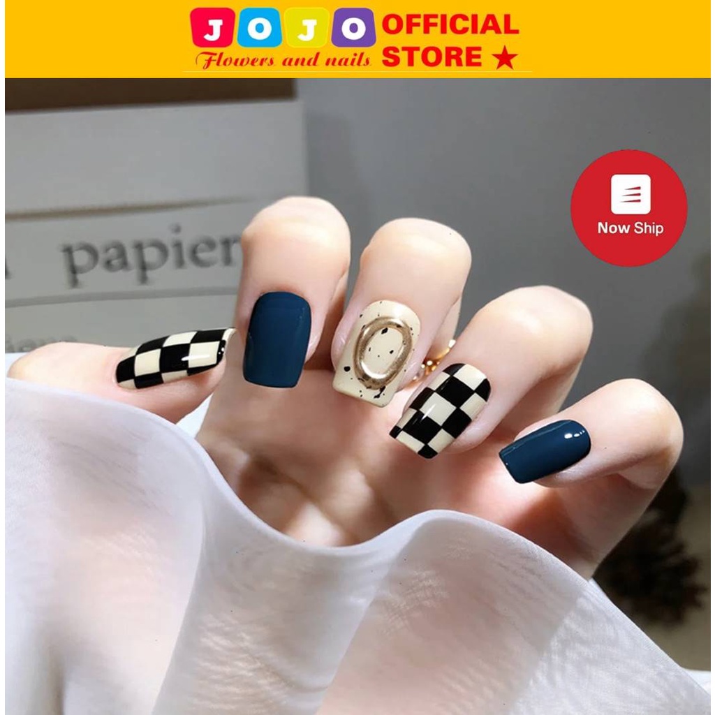 set 24 móng tay giả thiết kế xanh kẻ thời trang sang chảnh Jojo PD182 móng giả nailbox rẻ đẹp kute tự làm tại nhà