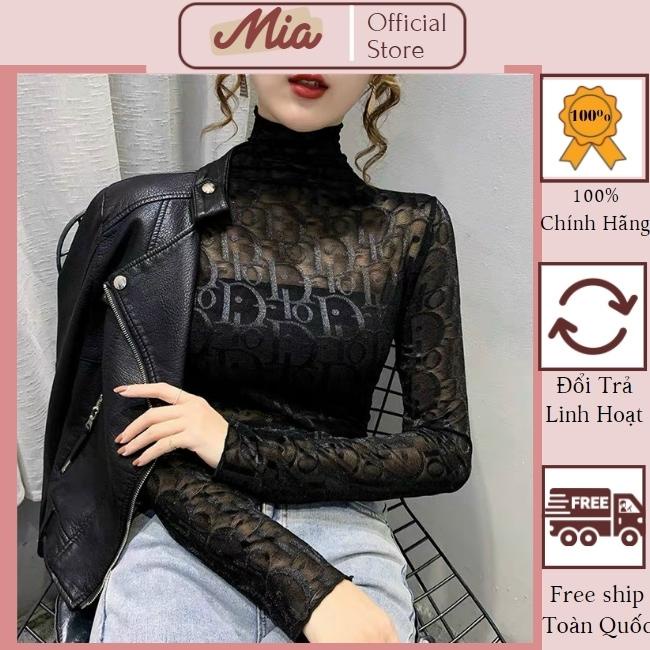 Áo giữ nhiệt nữ, áo thun ren dài tay cổ cao nữ D.I.O.R kiêu dáng body - Miashore