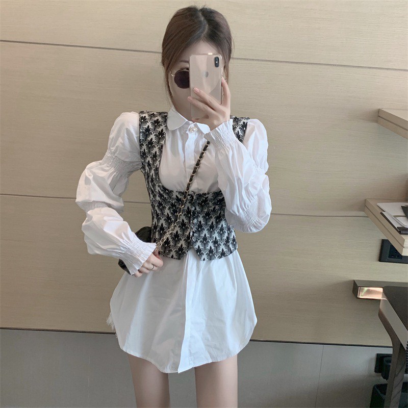 Bộ Áo Sơ Mi Trắng Tay Dài Phồng Màu Trơn + Áo Khoác Hoa Xẻ Tà Thời Trang