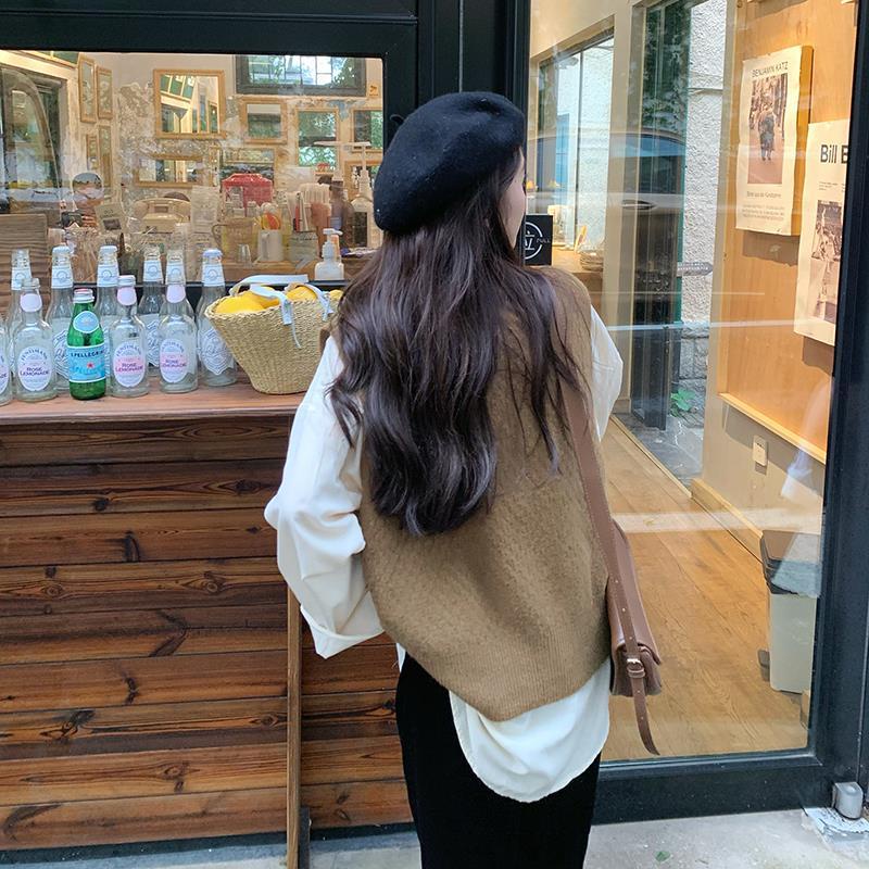 Bộ áo sơ mi tay dài và áo len không tay cổ chữ V thời trang Hàn Quốc cho nữ (có bán lẻ)