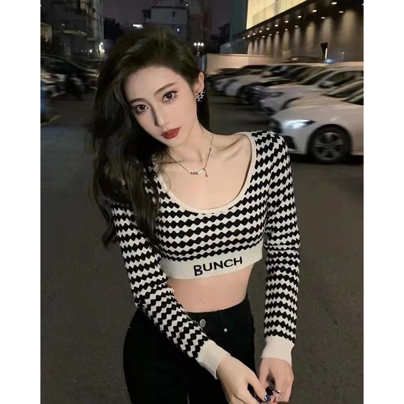 Áo Croptop Dệt Kim Tay Dài Dáng Ôm Phong Cách Hàn Quốc Mới