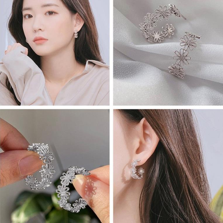(096) Khuyên Tai Dáng Tròn Viền Hoa Cúc Đính Đá Nhỏ Thanh Lịch  (1 chiếc)