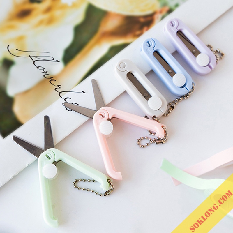 Kéo cắt mini gấp gọn màu Pastel kèm dây móc khóa C11 bỏ túi, kéo cắt sticker, giấy thủ công