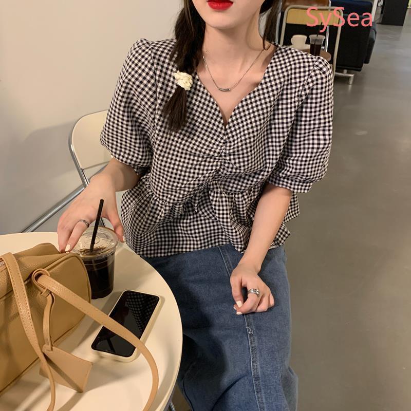 Áo kiểu tay phồng cổ chữ V phong cách Pháp thời trang thanh lịch cho nữ