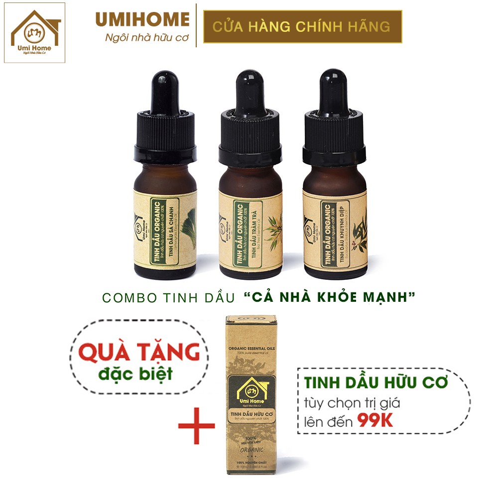 Combo 3 loại Tinh Dầu UMIHOME gồm Tràm Trà, Sả Chanh, Khuynh Diệp (10mlx3) hữu cơ nguyên chất