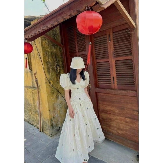 ĐẦM MAXI NUDE HOA THUÊ CỔ V CÓ LÓT