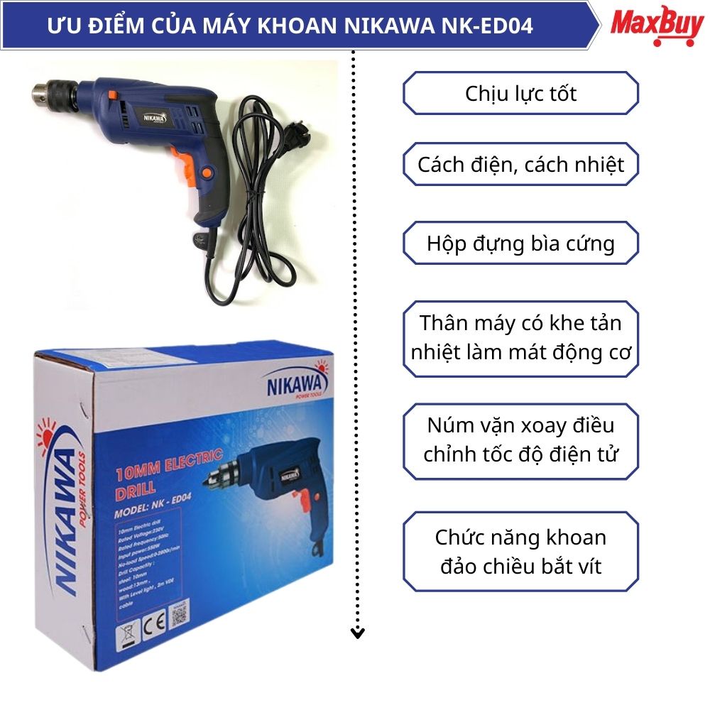 Máy khoan Nhật cầm tay dùng điện mini khoan tường, thép công suất 550W NIKAWA NK-ED04 bảo hành 6 tháng giao hỏa tốc HN